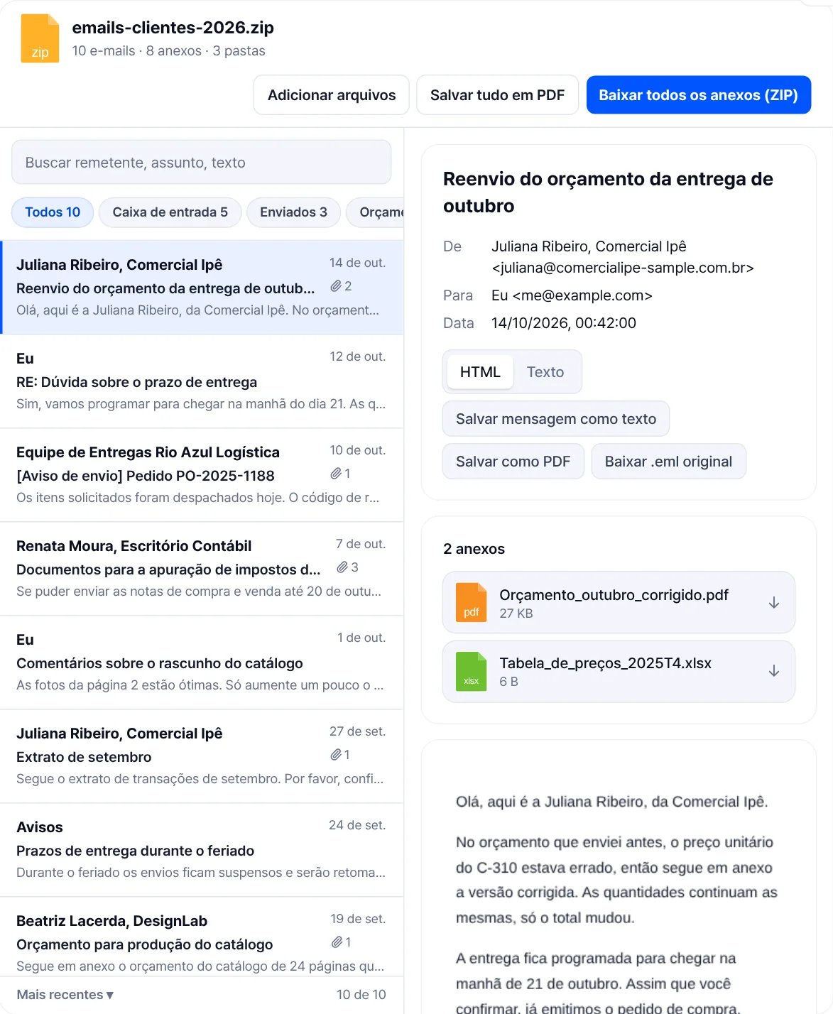 O visualizador de EML no modo caixa de e-mail: no alto, filtros das pastas Caixa de entrada, Enviados e Orçamentos; à esquerda, a lista de e-mails; à direita, o e-mail selecionado.