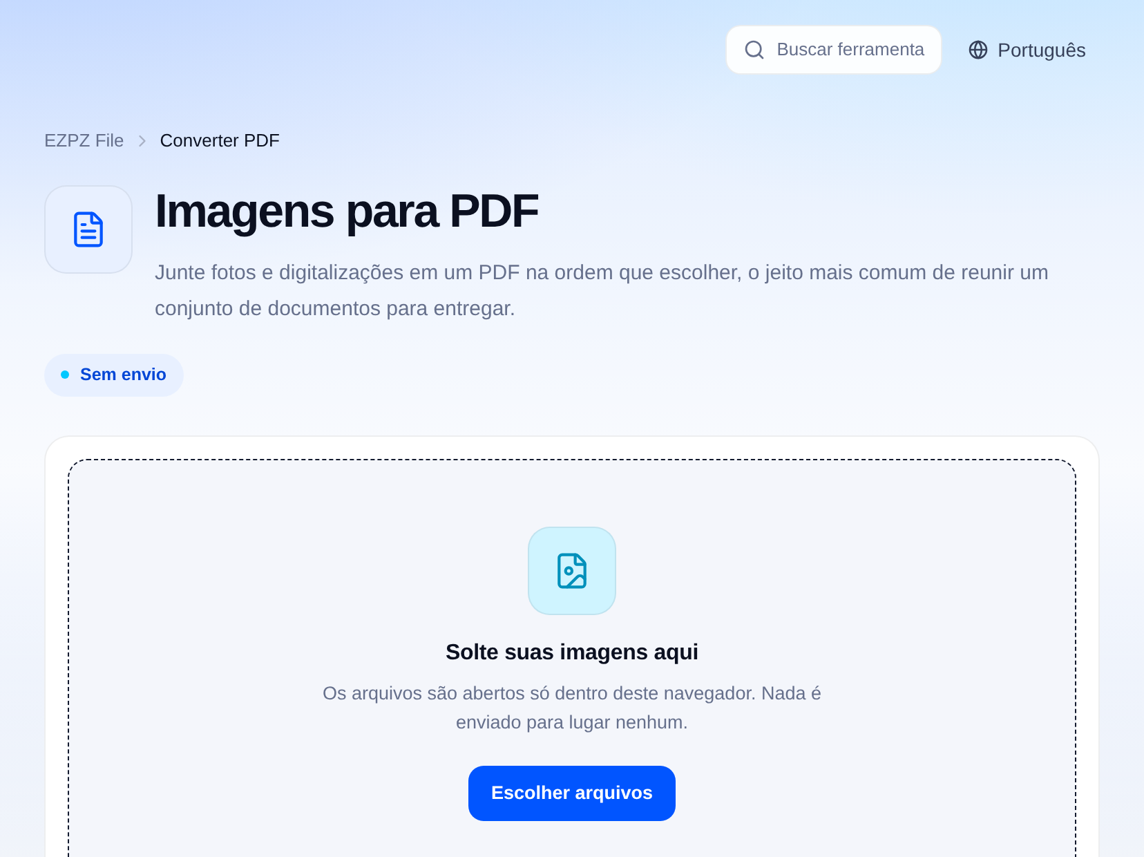 A ferramenta de imagens para PDF do EZPZ File, com uma área para soltar arquivos no centro.