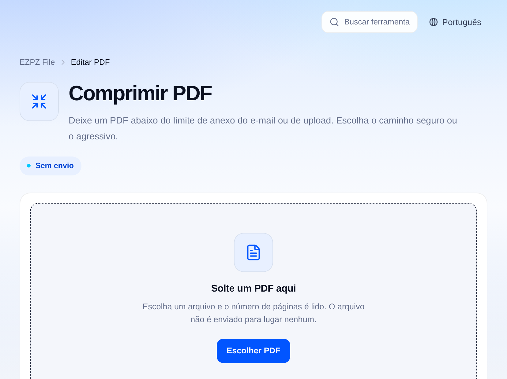 A ferramenta de compressão de PDF do EZPZ File, com uma área para soltar arquivos no centro.