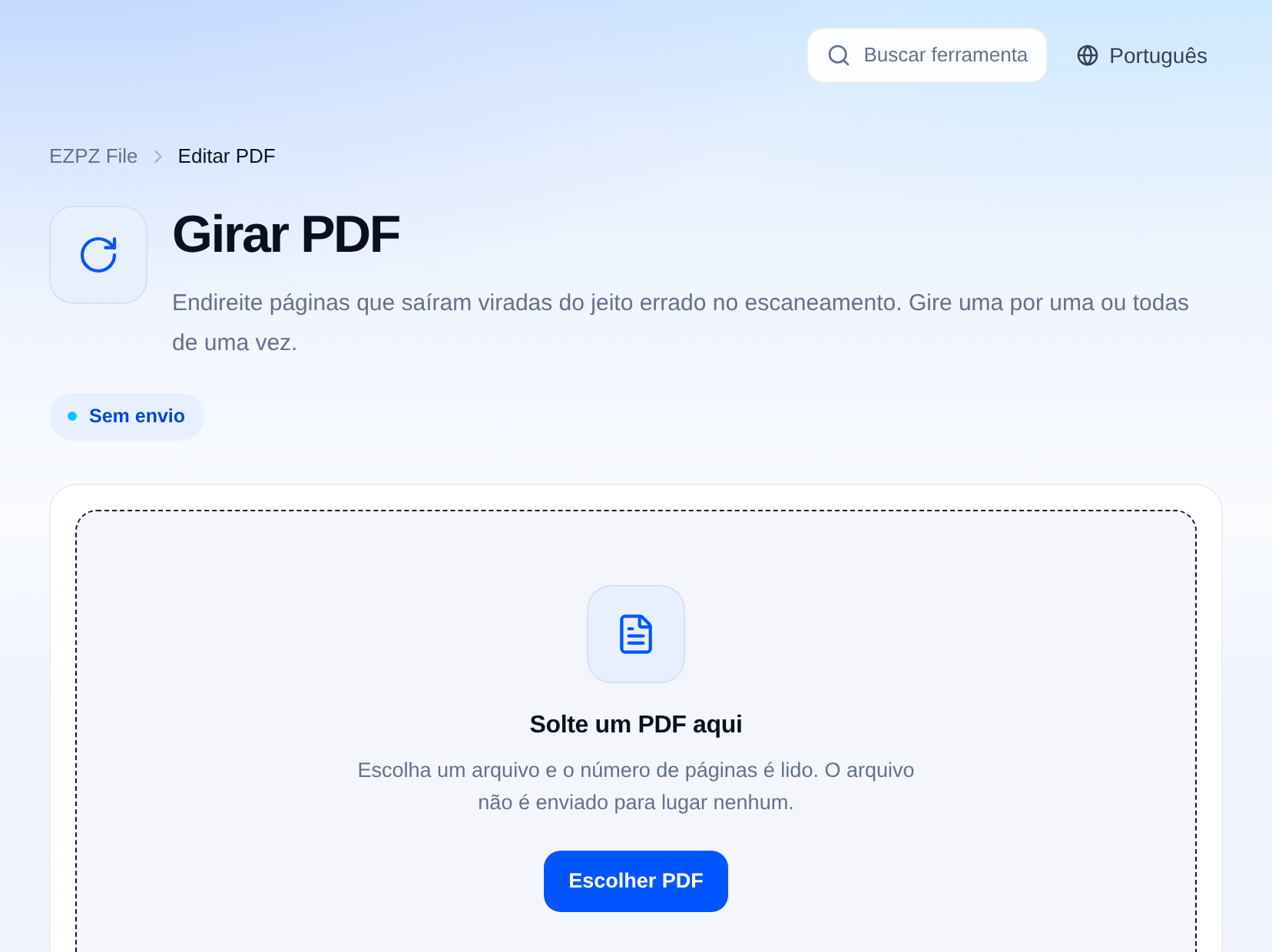 A ferramenta de girar PDF do EZPZ File, com uma área para arrastar e soltar arquivos no centro da página.