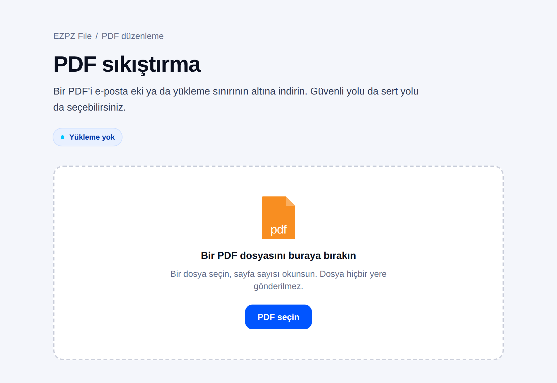 EZPZ File’ın PDF sıkıştırma aracı, ortada dosya bırakma alanıyla.