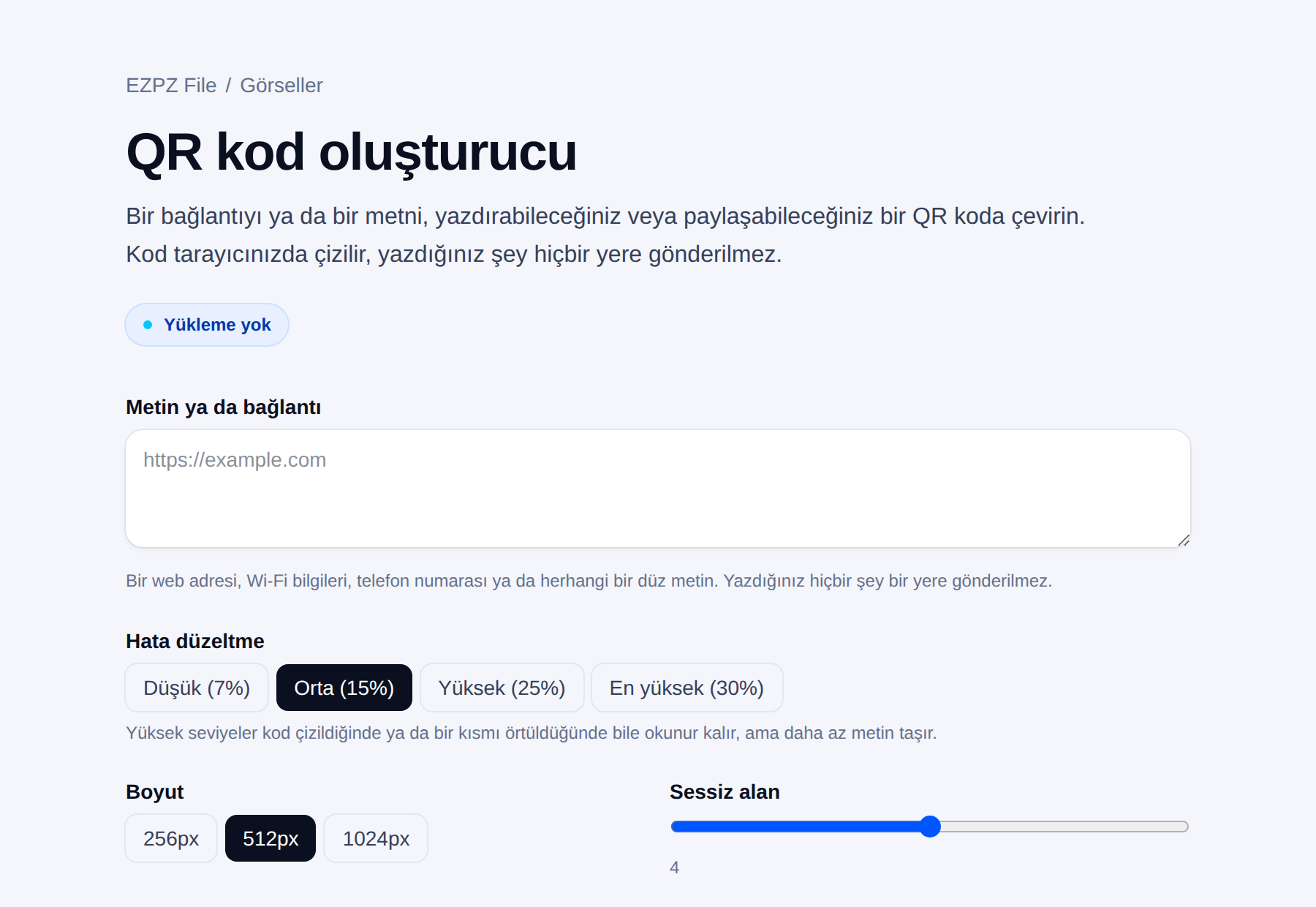 EZPZ File’ın QR kod üreteci; metin alanı ile hata düzeltme, boyut ve kenar boşluğu ayarları.