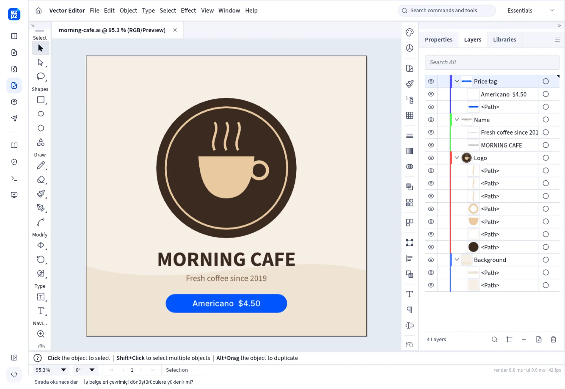 EZPZ Vector Düzenleyici’de açılmış, kafe logolu morning-cafe.ai dosyası. Sağdaki "Layers" paneli dört katmanı özgün adlarıyla listeliyor: Price tag, Name, Logo ve Background. Çizimde "MORNING CAFE" yazıyor.