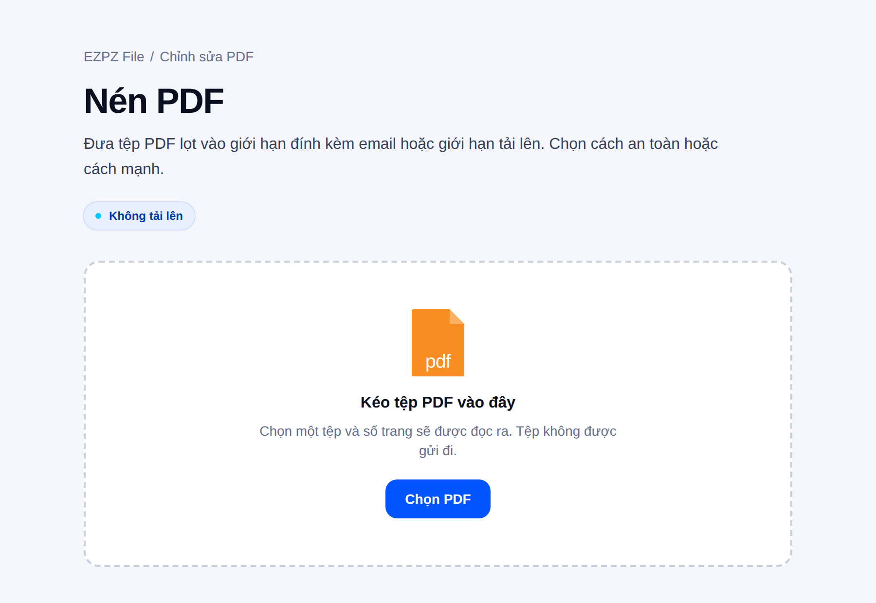 Công cụ nén PDF của EZPZ File, với vùng thả tệp ở giữa.
