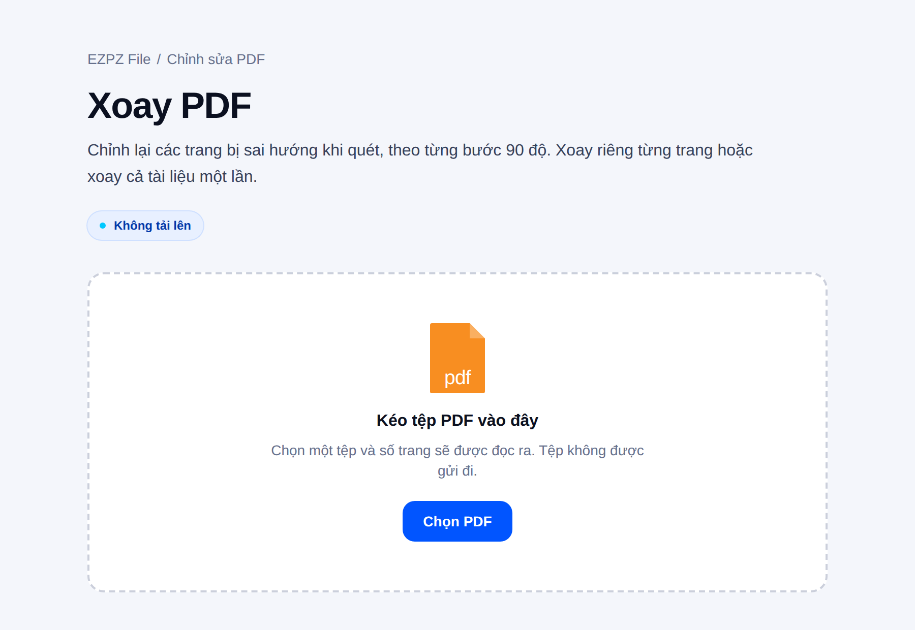 Công cụ xoay trang PDF của EZPZ File, với vùng thả tệp ở giữa.