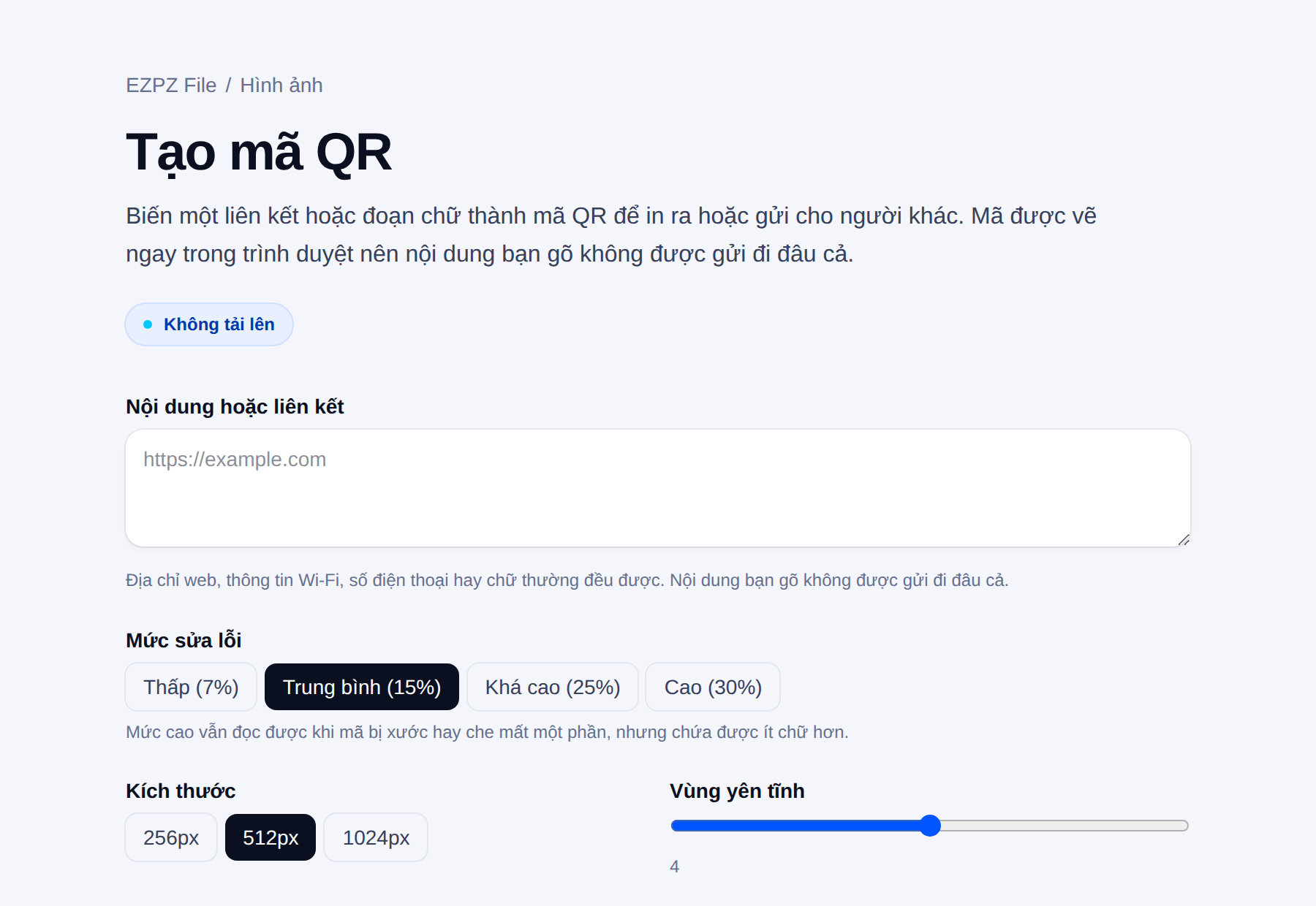 Trình tạo mã QR của EZPZ File, có ô nhập văn bản cùng các tùy chọn mức sửa lỗi, kích thước và lề.