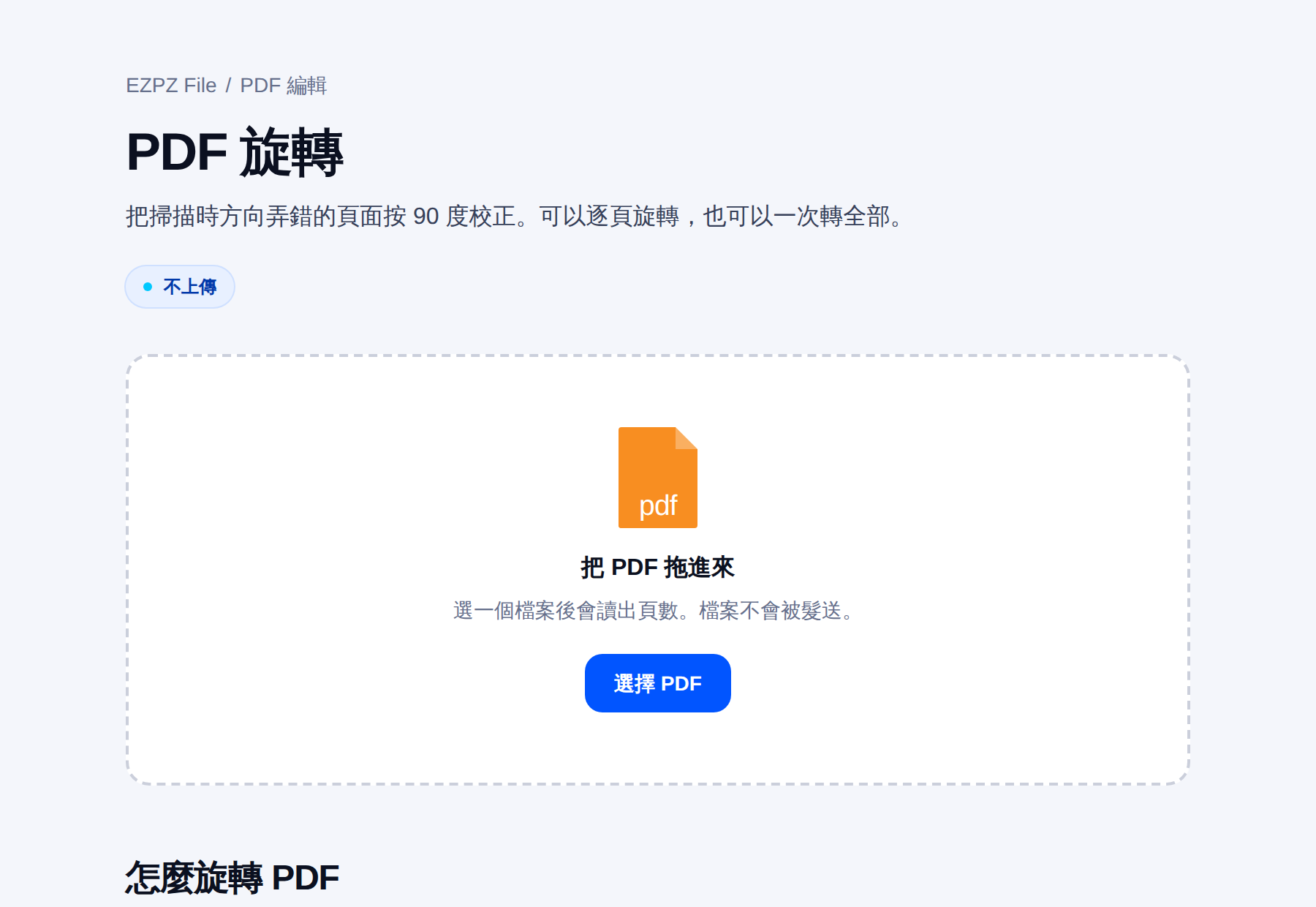 EZPZ File 的 PDF 旋轉工具，中間是拖放區域。